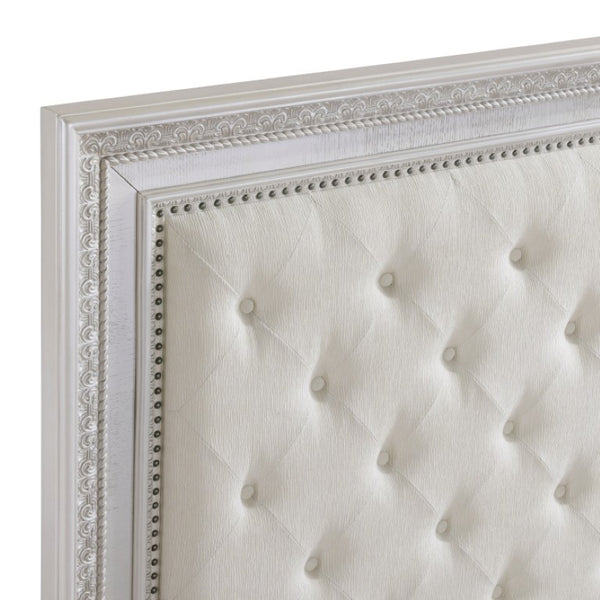 English Elm Queen Mansion Bedroom Set Ash Veneer Pearl White Tufted Headboard with Ornate Molding B011S06855