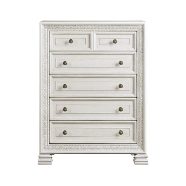 English Elm Queen Mansion Headboard Bedroom Set with Ornate Millwork and Pearl White Ash Veneer B011S06856