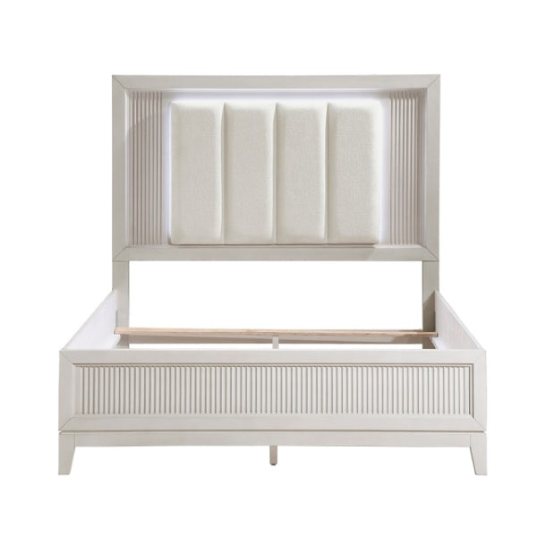 English Elm California King Bedroom Set with LED Headboard Reeded Wood and Antique White Finish B011S06924