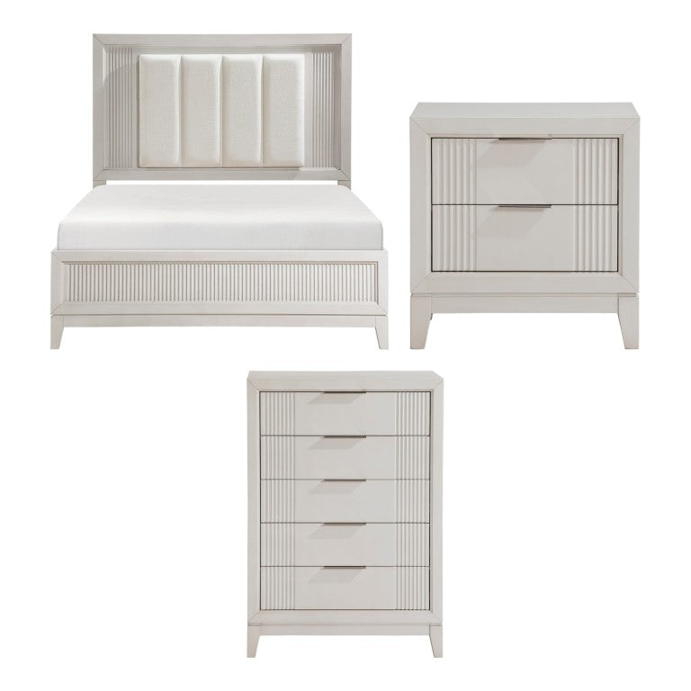 English Elm California King Bedroom Set with LED Headboard Reeded Drawers and Antique White Wood B011S06925