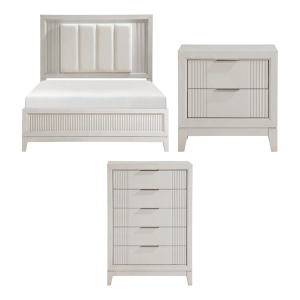 English Elm Queen Bedroom Set Three Piece Antique White Reeded Wood with LED Upholstered Headboard B011S06928