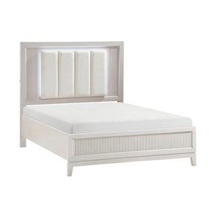 English Elm Queen Bedroom Set Three Piece Antique White Reeded Wood with LED Upholstered Headboard B011S06928