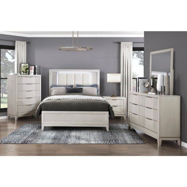 English Elm Queen Bedroom Set Three Piece Antique White Reeded Wood with LED Upholstered Headboard B011S06928