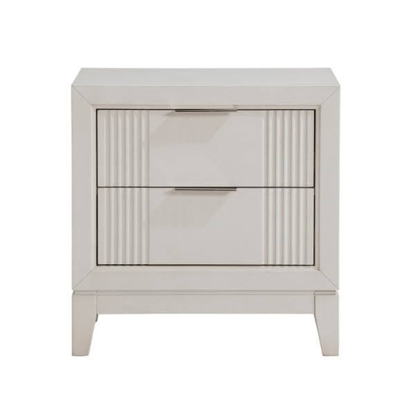 English Elm Queen Bedroom Set Three Piece Antique White Reeded Wood with LED Upholstered Headboard B011S06928