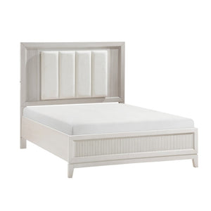 English Elm Queen Bedroom Set Three Piece Antique White Reeded Wood with LED Upholstered Headboard B011S06928