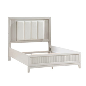English Elm Queen Bedroom Set Three Piece Antique White Reeded Wood with LED Upholstered Headboard B011S06928