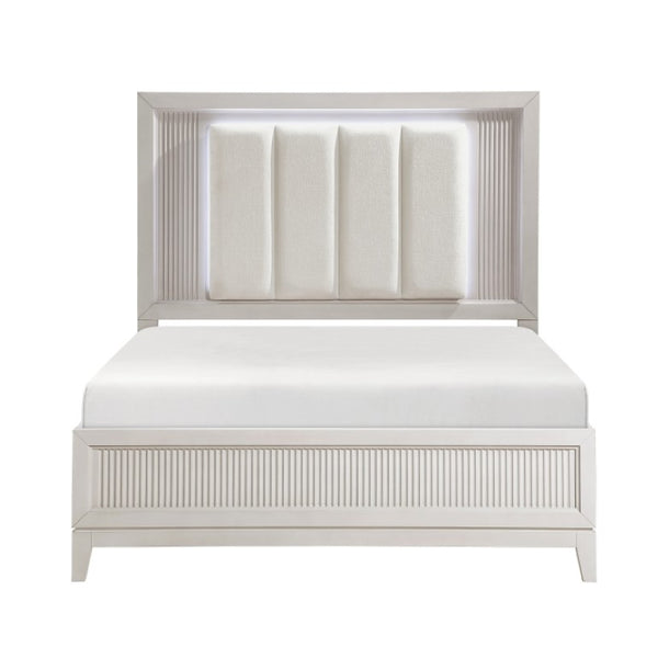 English Elm Queen Bedroom Set Three Piece Antique White Reeded Wood with LED Upholstered Headboard B011S06928
