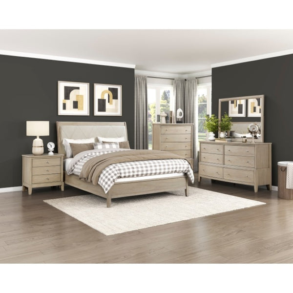 English Elm Full Bed and Nightstand Set Tufted Faux Leather Headboard with Beige Wood Frame B011S06950