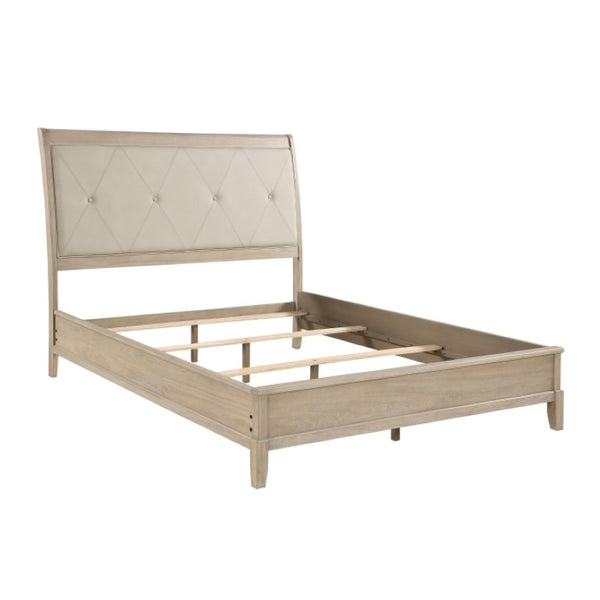 English Elm Full Bed and Nightstand Set Tufted Faux Leather Headboard with Beige Wood Frame B011S06950