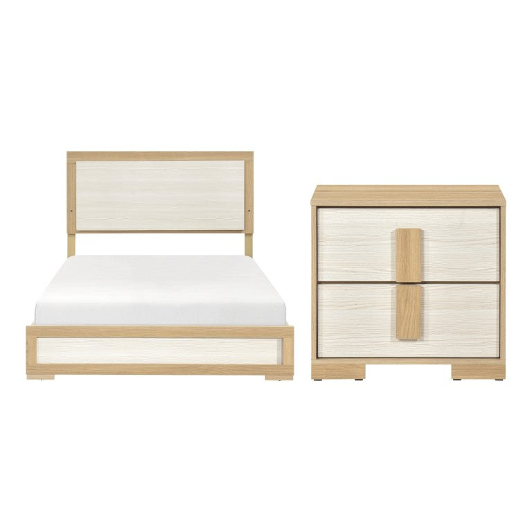 English Elm Queen Bedroom Set with LED Headboard Two Nightstands Natural Wood and White Finish B011S06975