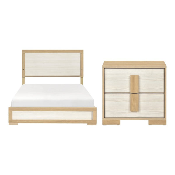 English Elm Queen Bedroom Set with LED Headboard Two Nightstands Natural Wood and White Finish B011S06975