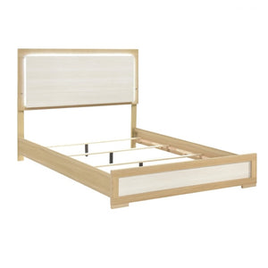 English Elm Queen Bedroom Set with LED Headboard Two Nightstands Natural Wood and White Finish B011S06975