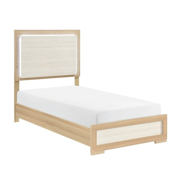 English Elm Twin Bed and Nightstand Set Two Tone Wood Grain with LED Headboard for Kids B011S06977