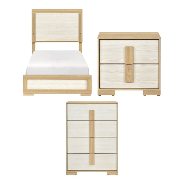 English Elm Twin Bedroom Set 3 Piece Natural White Melamine Wood with LED Headboard Storage B011S06979