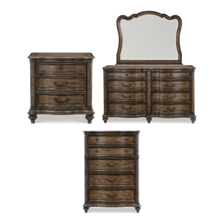 English Elm Night Stand Dresser Mirror and Chest Bedroom Set Oak Veneer Traditional Bronze Hardware B011S06992