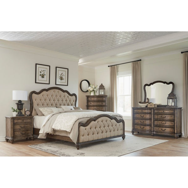 English Elm Eastern King Bed Set Traditional Brown Oak Veneer Tufted Headboard with Nightstand B011S06993