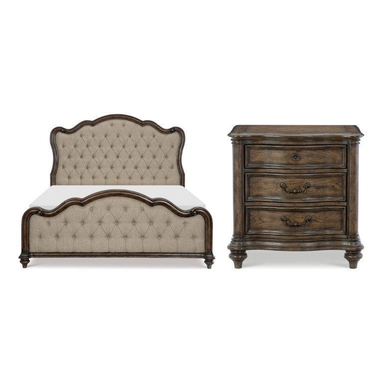 English Elm California King Bedroom Set with Tufted Headboard Oak Veneer Frame and Nightstands B011S06997