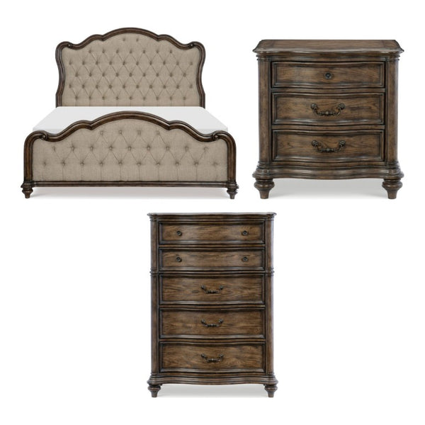 English Elm Queen Bedroom Set Traditional Button Tufted Upholstered Bed with Oak Veneer Storage B011S07001