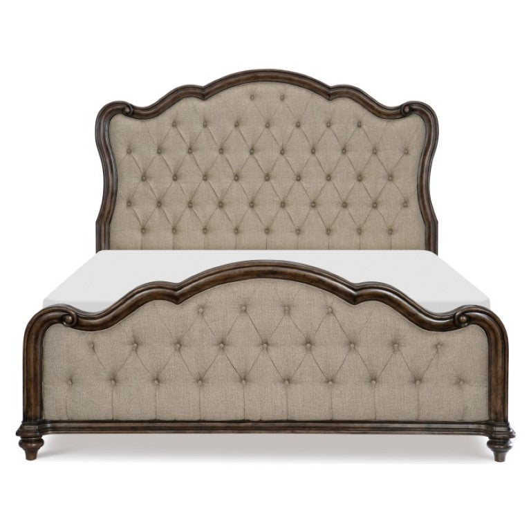 English Elm Queen Bedroom Set Traditional Button Tufted Upholstered Bed with Oak Veneer Storage B011S07001