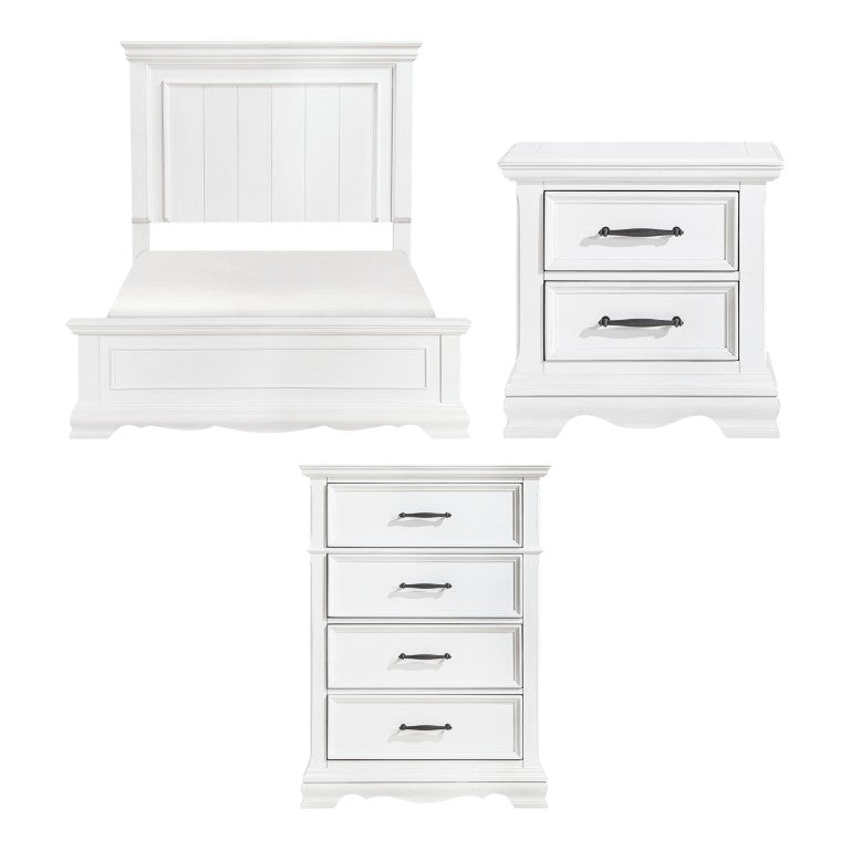 English Elm Full Bedroom Set Three Piece White Wood Panel Bed Nightstand and Storage Chest B011S07015