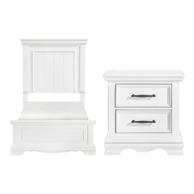 English Elm Twin Panel Bed and Nightstand Set Traditional Sleigh Style White Wood Bedroom B011S07016