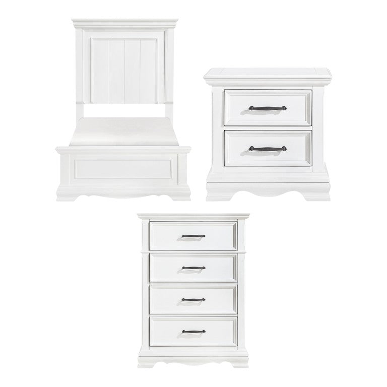English Elm Twin Sleigh Bed Nightstand and Chest Bedroom Set White Wood with Nickel Hardware B011S07018