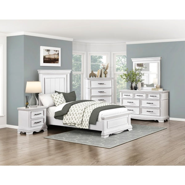 English Elm Twin Sleigh Bed Nightstand and Chest Bedroom Set White Wood with Nickel Hardware B011S07018