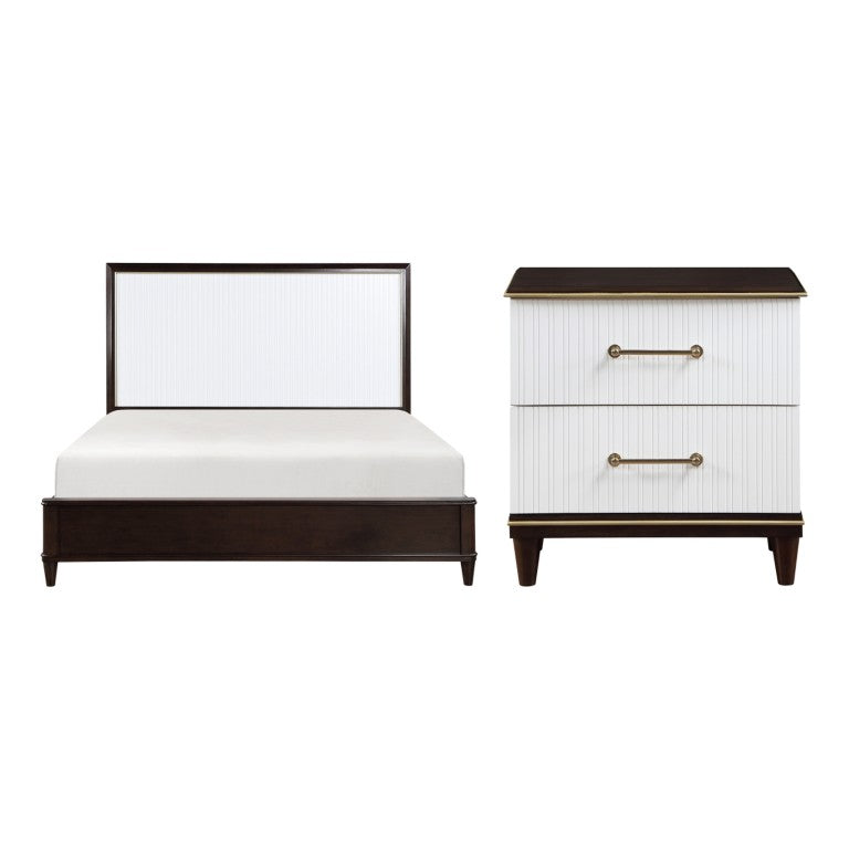 English Elm Queen Bedroom Set Cherry Veneer Paneled Headboard Brushed Gold Hardware Two Nightstands B011S07094