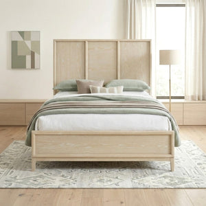 English Elm Queen Bed and Nightstand Set Oak Veneer Three Panel Headboard Modern Farmhouse B011S07105