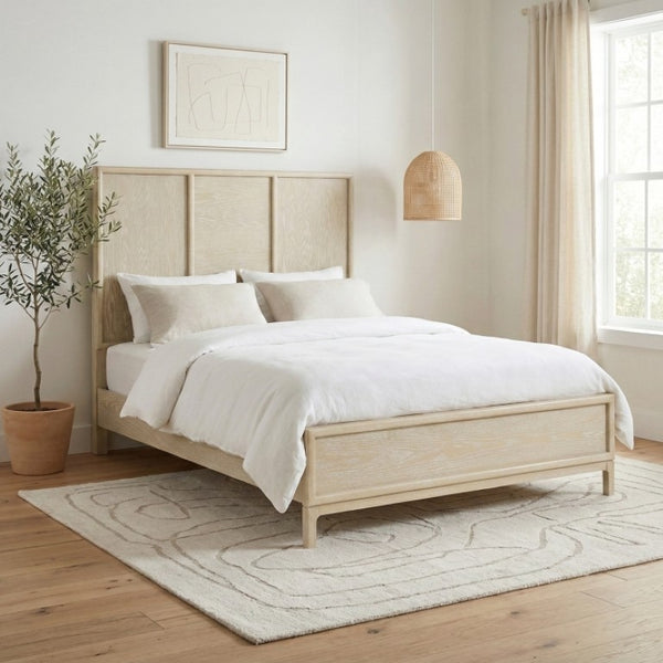 English Elm Queen Bed and Nightstand Set Oak Veneer Three Panel Headboard Modern Farmhouse B011S07105