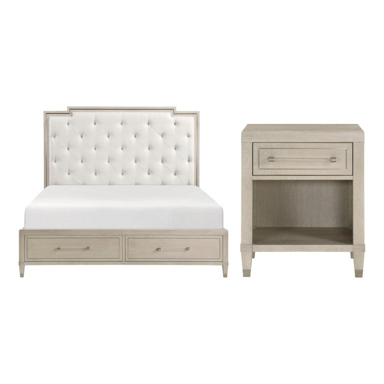 English Elm Eastern King Platform Bed Set with Tufted Chenille Headboard and Oak Storage Nightstand B011S07109