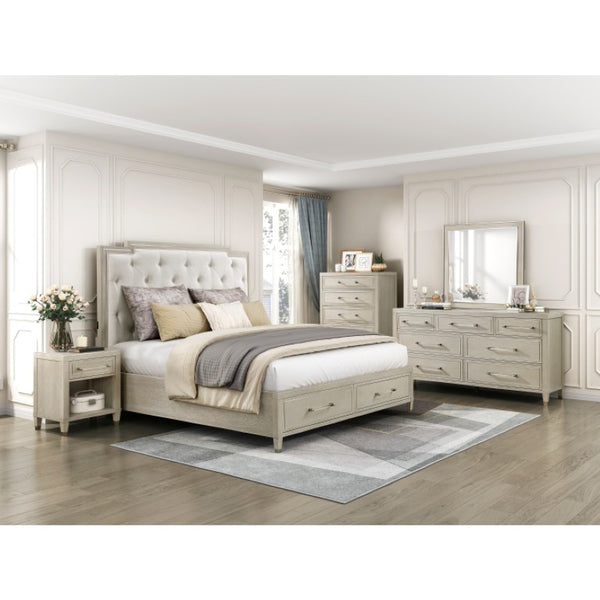 English Elm Eastern King Platform Bed Set with Tufted Chenille Headboard and Oak Storage Nightstand B011S07109
