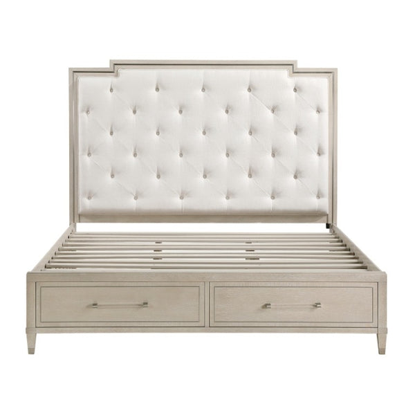 English Elm Eastern King Platform Bed Set with Tufted Chenille Headboard and Oak Storage Nightstand B011S07109