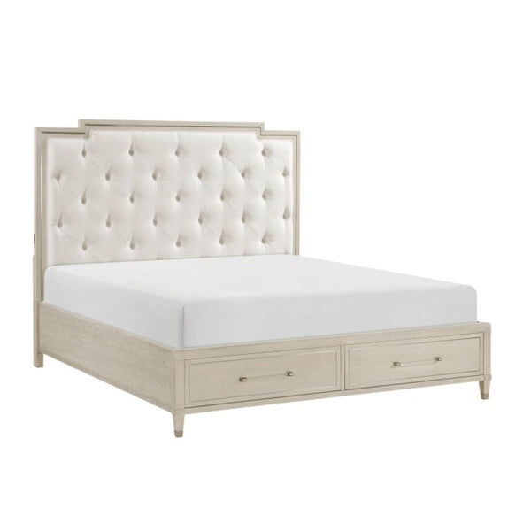 English Elm Eastern King Platform Bed Set with Tufted Chenille Headboard and Oak Storage Nightstand B011S07109
