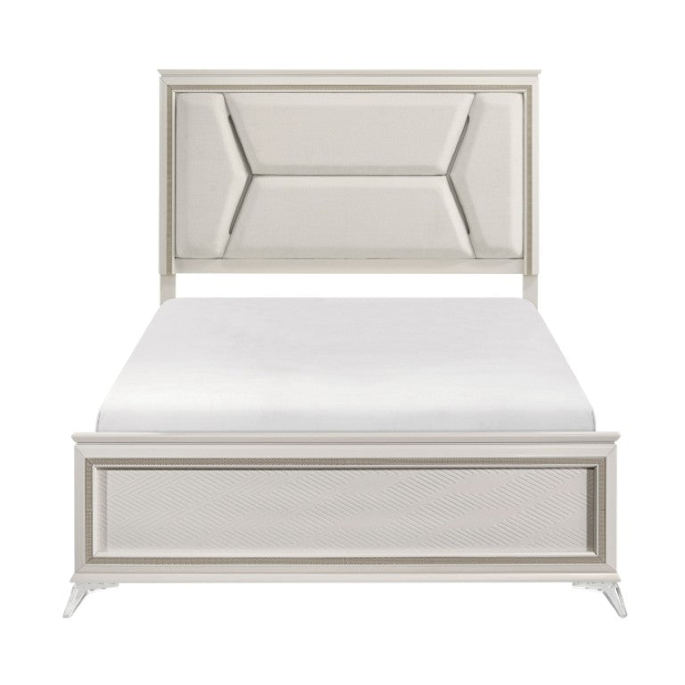 English Elm California King Bedroom Set Glam Chenille Headboard LED Lighting Gold Nightstand B011S07123