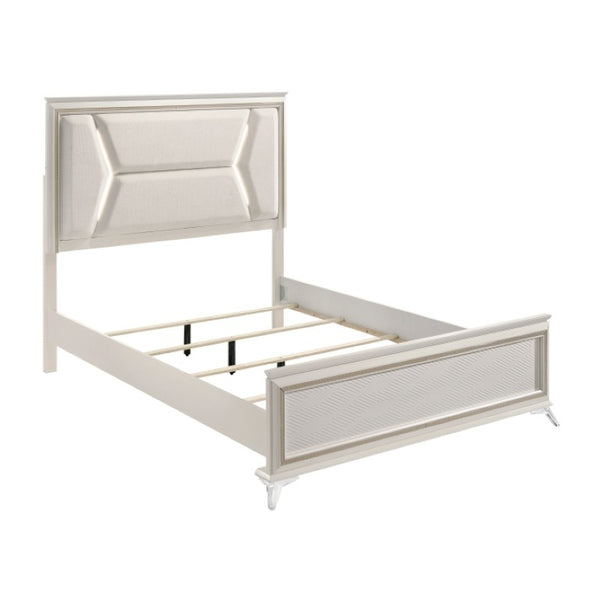 English Elm California King Panel Bed Set with LED Lighting Chenille Headboard and Glam Finish B011S07124
