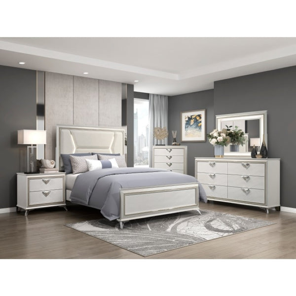 English Elm California King Panel Bed Set with LED Lighting Chenille Headboard and Glam Finish B011S07124