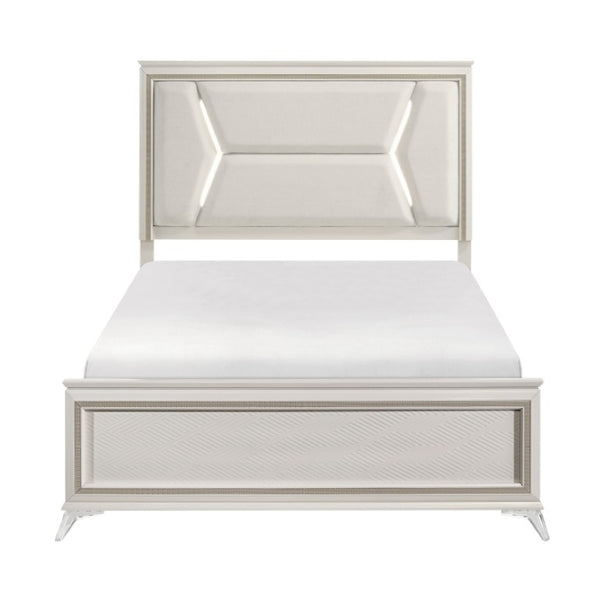 English Elm California King Panel Bed Set with LED Lighting Chenille Headboard and Glam Finish B011S07124
