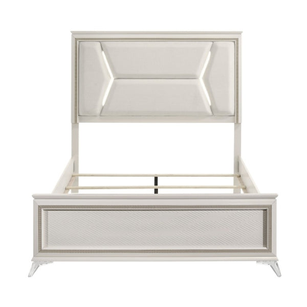 English Elm California King Panel Bed Set with LED Lighting Chenille Headboard and Glam Finish B011S07124