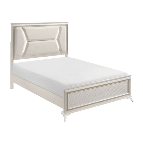 English Elm California King Panel Bed Set with LED Lighting Chenille Headboard and Glam Finish B011S07124