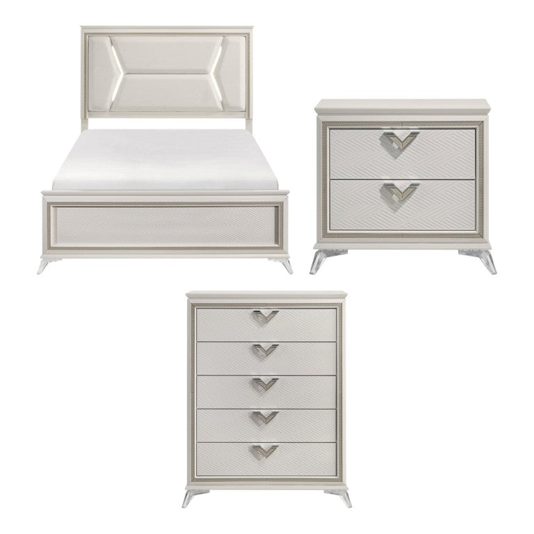 English Elm Queen Glam Bedroom Set with LED Headboard Chenille Upholstery and Chrome Accents B011S07128