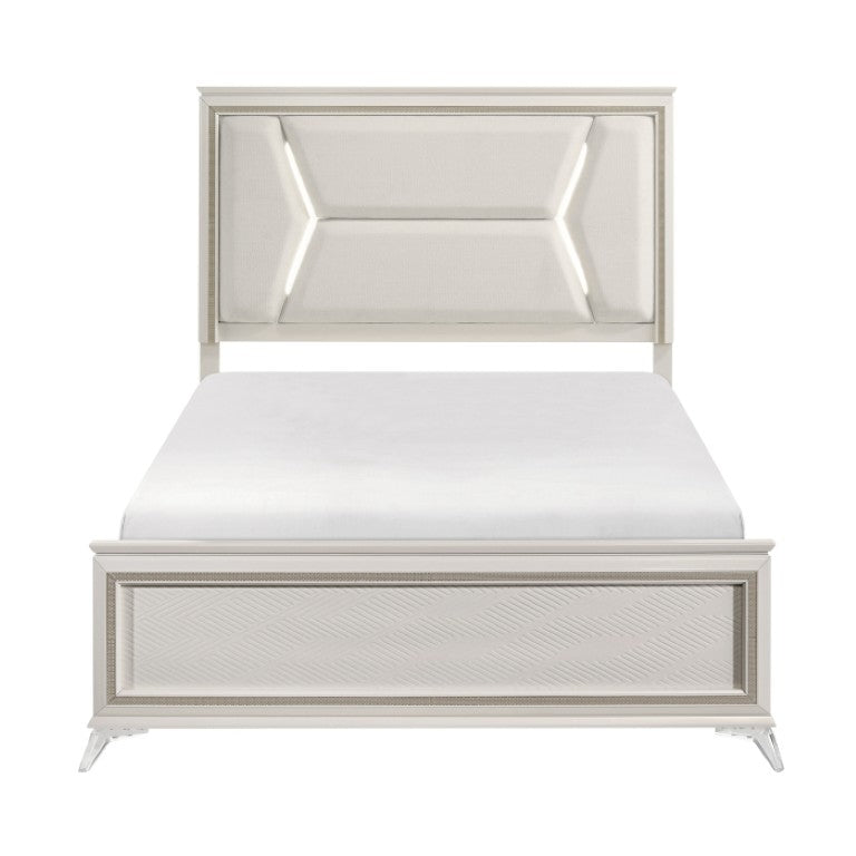 English Elm Queen Glam Bedroom Set with LED Headboard Chenille Upholstery and Chrome Accents B011S07128