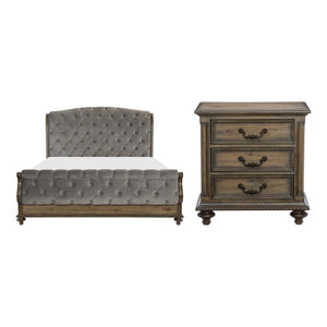 English Elm Queen Sleigh Bed and Nightstand Set Velvet Tufted Pecan Wood Traditional Bedroom B011S07142