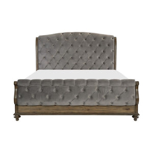 English Elm Queen Sleigh Bed and Nightstand Set Velvet Tufted Pecan Wood Traditional Bedroom B011S07142