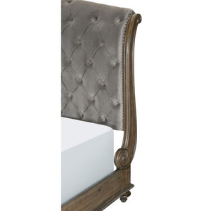 English Elm Queen Sleigh Bed and Nightstand Set Velvet Tufted Pecan Wood Traditional Bedroom B011S07142