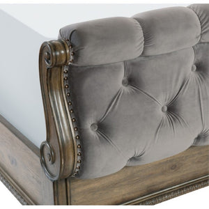 English Elm Queen Sleigh Bed and Nightstand Set Velvet Tufted Pecan Wood Traditional Bedroom B011S07142
