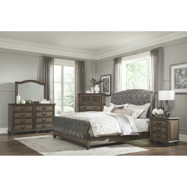 English Elm Queen Sleigh Bed and Nightstand Set Velvet Tufted Pecan Wood Traditional Bedroom B011S07142