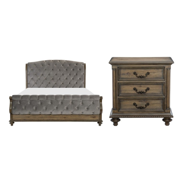 English Elm Queen Sleigh Bed Set Velvet Tufted Headboard Pecan Wood Veneer with Two Nightstands B011S07143