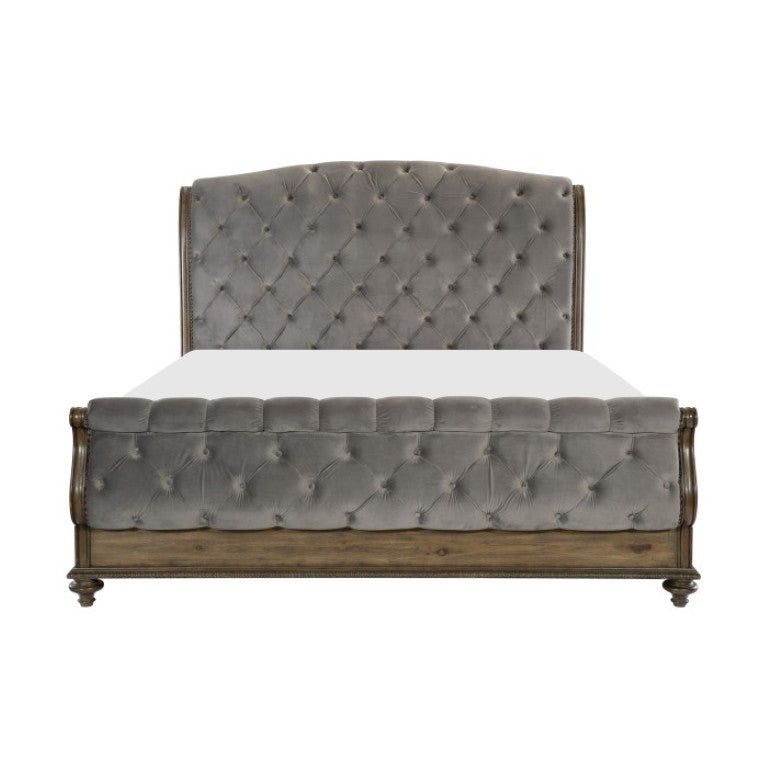 English Elm Queen Sleigh Bed Set Velvet Tufted Headboard Pecan Wood Veneer with Two Nightstands B011S07143