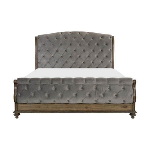 English Elm Queen Sleigh Bed Set Velvet Tufted Headboard Pecan Wood Veneer with Two Nightstands B011S07143